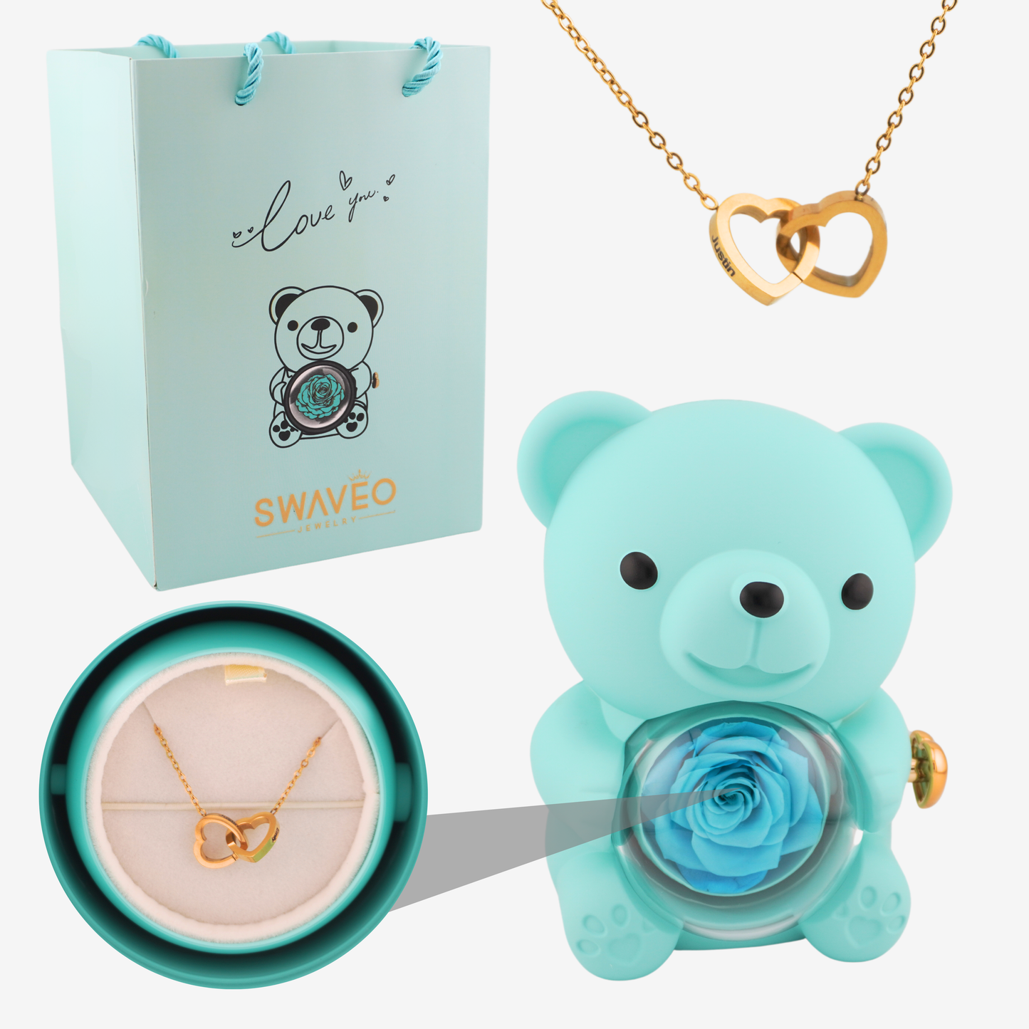 Rose Bear -Forever Rose & Heart Necklace