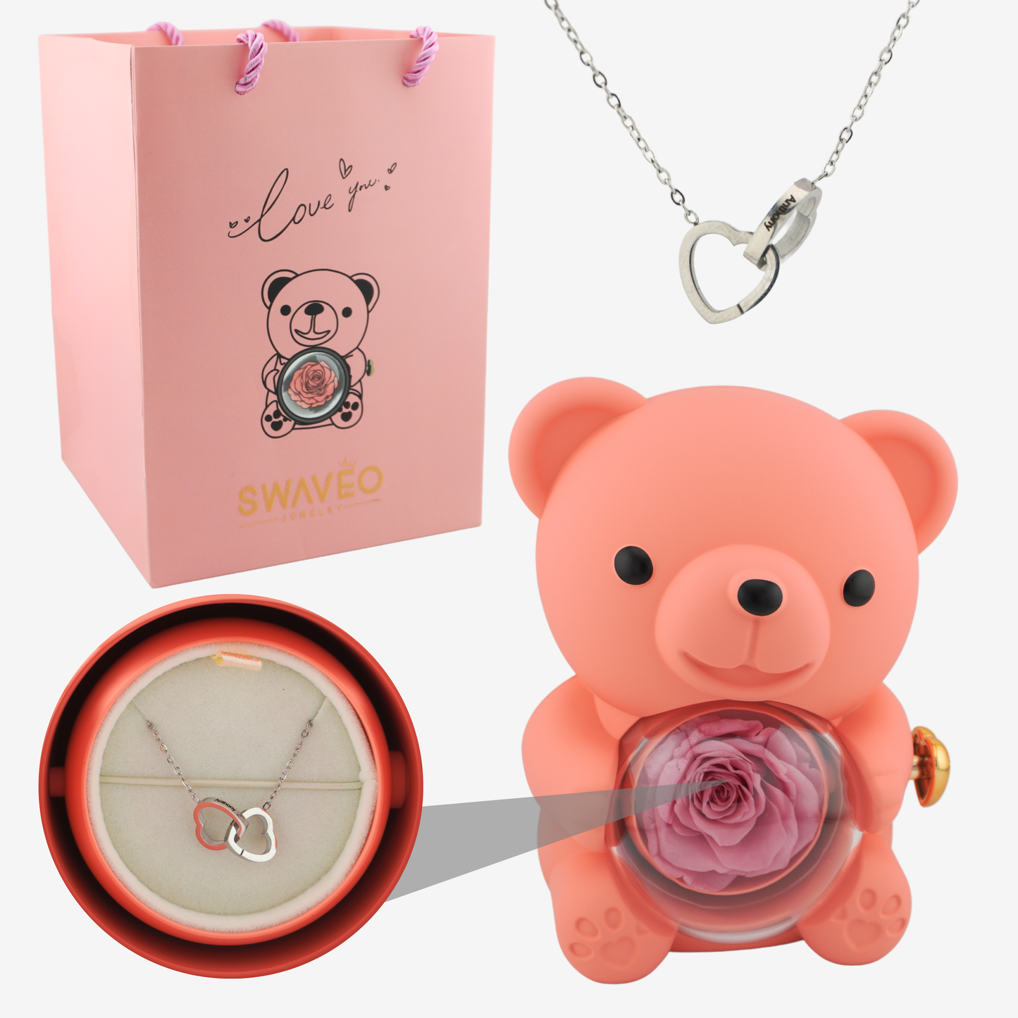 Rose Bear -Forever Rose & Heart Necklace